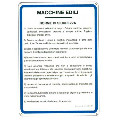 CARTELLO LAMIERA NORME MACCHINE EDILI 33X47
