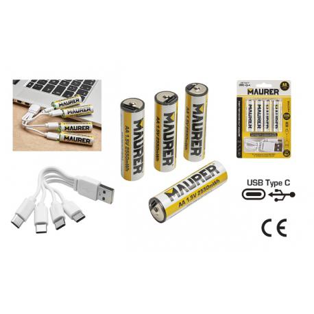 MAURER BATTERIA STILO RICARIC USB-C 1700MAH 1.5V 4PZ Li-Ion AA - blister 4 pezzi